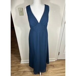 Azazie Maxi Dress Blue Bridesmaid Formal Gown V-Neck Tie Back Chiffon Custom‎ Sz